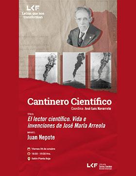 Cartel del Cantinero científico. Título: El lector científico. Vida e invenciones de José María Arreola
