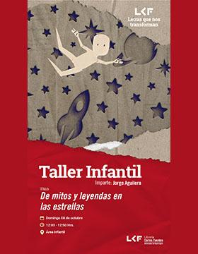 Cartel del Taller infantil. Título: "De mitos y leyendas en las estrellas"