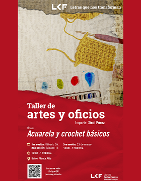 Cartel del Taller de artes y oficios.  Título: Acuarela y crochet básicos
