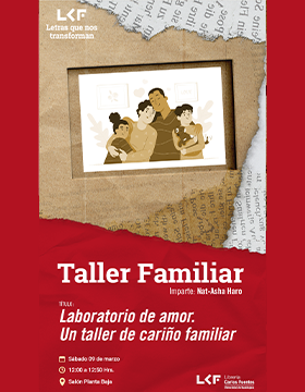 Cartel del Taller familiar.  Título: Laboratorio de amor. Un taller de cariño familiar