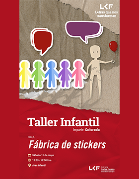 Cartel del Taller infantil. Título: Fábrica de stickers