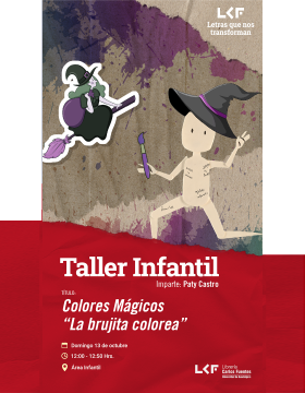 Cartel del Taller infantil. Título: Colores Mágicos "La brujita colorea"