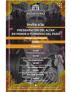 Presentación del altar en honor a Fernando del Paso a llevarse a cabo el 1 de noviembre a las 17:30 horas en la Biblioteca Iberoamericana Octavio Paz.