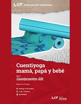 Cartel del Cuentiyoga mamá, papá y bebé. Cuentiyoga 2-13 meses