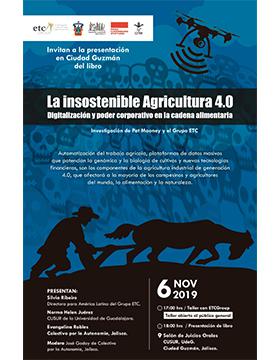 Presentación del libro La insostenible agricultura 4.0. Digitalización y poder corporativo en la cadena alimentaria a llevarse a cabo el 6 de noviembre a las 18:00 horas.