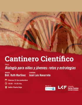 Cartel del Cantinero científico. Título: Biología para niños y jóvenes: retos y estrategias