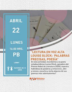 Cartel de la “Lectura en voz alta Louise Glück: Palabras precisas, poesía”