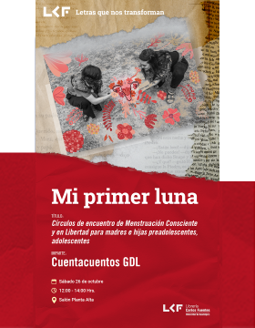 Cartel de "Mi primer luna". Título: "Círculos y encuentro de Menstruación Consciente y en Libertad para madres e hijas preadolescentes, adolescentes"