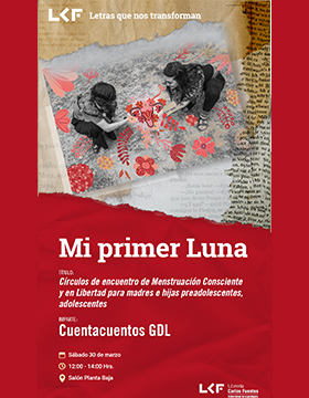 Cartel de "Mi primer luna". Título: "Círculos y encuentro de Menstruación Consciente y en Libertad para madres e hijas preadolescentes, adolescentes""Mi primer luna". Título: "Círculos y encuentro de Menstruación Consciente y en Libertad para madres e hijas preadolescentes, adolescentes"