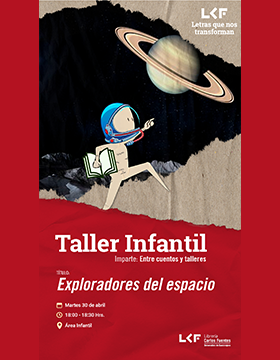 Cartel del Taller infantil. Título: Exploradores del espacio