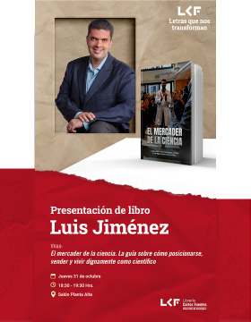 Cartel de la Presentación del libro. Título: El mercader de la ciencia. La guía sobre cómo posicionarse, vender y vivir dignamente como científico