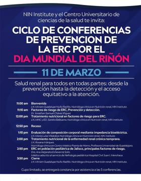 Ciclo de conferencias de prevención de la ERC por el Día Mundial del Riñón a llevarse a cabo el 11 de marzo a las 11:00 horas.