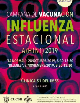 Campaña de vacunación contra la influenza estacional A(H1N1) 2019 a llevarse a cabo el 7 de noviembre de 8:30 a 13:30 horas.