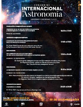 Coloquio Internacional de Astronomía “Universo y sociedad” a llevarse a cabo el 7 de diciembre de 16:30 a 20:55 horas.