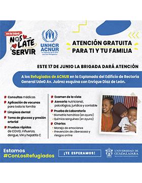 Cartel Brigadas gratuitas: Nos late servir en la UdeG a los refugiados de ACNUR