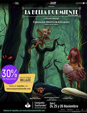 Cartel de la bella durmiente en el bosque, una ópera con títeres