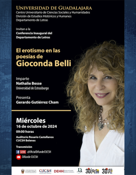 Cartel de la Conferencia Inaugural del Departamento de Letras: El erotismo en las poesías de Gioconda Belli