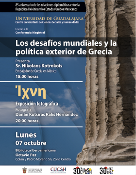 Cartel de la Conferencia magistral: Los desafíos mundiales y la política exterior de Grecia