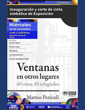 Cartel de la Inauguración y corte de cinta simbólico de Exposición: Ventanas en otros lugares
