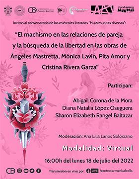 Conversatorio: El machismo en las relaciones de pareja y la búsqueda de la libertad en las obras de Ángeles Mastretta, Mónica Lavín, Pita Amor y Cristina Rivera Garza