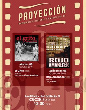 Cartel para anunciar la Proyección de películas sobre el movimiento estudiantil en México del 68