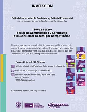 Cartel de la presentación de los libros de texto del Eje de Comunicación y Aprendizaje del Bachillerato General por Competencias