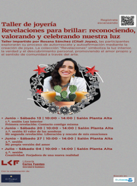 Cartel de Taller de joyería. Revelaciones para brillar: reconociendo, valorando y celebrando nuestra luz. 2.ª. sesión El valor de las sombras. Mi segunda revelación: Liberación y rescate de mis emociones