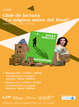 Cartel de Club de lectura “La página antes del final”: Frankenstein, 2a parte