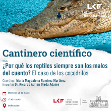 Cartel del Cantinero Científico. Título: ¿Por qué los reptiles siempre son los malos del cuento? El caso de los cocodrilos