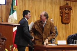 Inauguración del Coloquio Internacional Mathias Goeritz a 100 años.  Presiden Tonatiuh Bravo Padilla  Rector General de la U de G. maestro Ernesto Flores Gallo, Rector del CUAAD; Enrique Carbajal, escultor mexicano –mejor conocido como Sebastián–; Daniel Goeritz Rodríguez, hijo del arquitecto Mathias Goeritz.