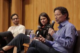El principio del film: panel de derechos, con la presencia de Ana Luiza Beraba, Ruben Padilla y Jorge Zepeda.