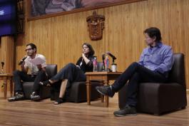 El principio del film: panel de derechos, con la presencia de Ana Luiza Beraba, Ruben Padilla y Jorge Zepeda.