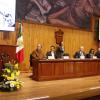 Inauguración del Coloquio Internacional Mathias Goeritz a 100 años.  Presiden Tonatiuh Bravo Padilla  Rector General de la U de G. maestro Ernesto Flores Gallo, Rector del CUAAD; Enrique Carbajal, escultor mexicano –mejor conocido como Sebastián–; Daniel Goeritz Rodríguez, hijo del arquitecto Mathias Goeritz.