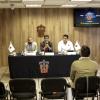 Rueda de prensa para dar a conocer los detalles del Campeonato  Intercentros Universitarios. Presiden: maestro César Antonio Barba Delgadillo, coordinador  general de Servicios a Universitarios; doctor Gabriel Flores Allende, coordinador de Cultura Física y Deporte; licenciado Omar Velarde Martínez, jefe de la Unidad Técnica de la Coordinación de Cultura Física y Deporte; licenciado André Marx Miranda Campos, director del Consejo Estatal para el Fomento  Deportivo (Code).